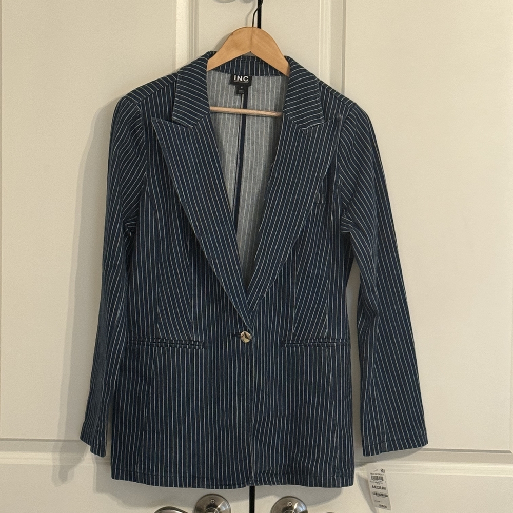 INC International Concepts Women's Blue Striped Blazer